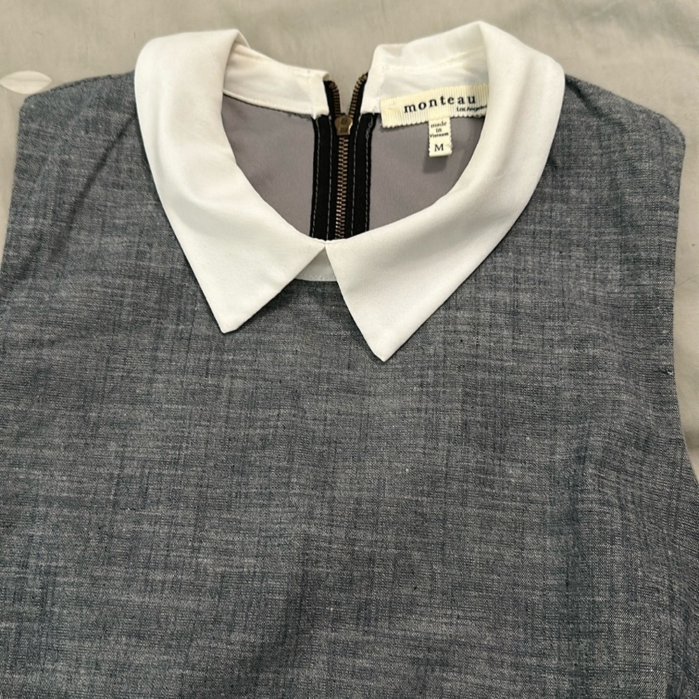 Grey, tulip hem, shift dress with white collar